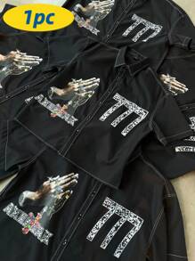 PAVTROS Manfinity Streetrush 男士休闲摇滚朋克嘻哈街头风黑色印花Y2K短袖衬衫，饰有“777”仿钻宝石印花，街头嘻哈 - 黑色 - 查看 5