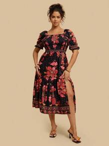 Travachic Plus Size Women Bohemian Puff Sleeve Floral Print Square Neck Casual Summer Vacation Dress