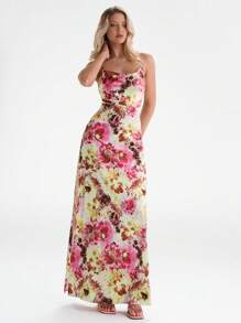 Glamine Elegant Floral Print Satin Dress,Light Green Summer Hollow Back With Tie,Casual Vacation Date Party Daily Wear Fall Women Clothes Back To School - Multicolor - View 2