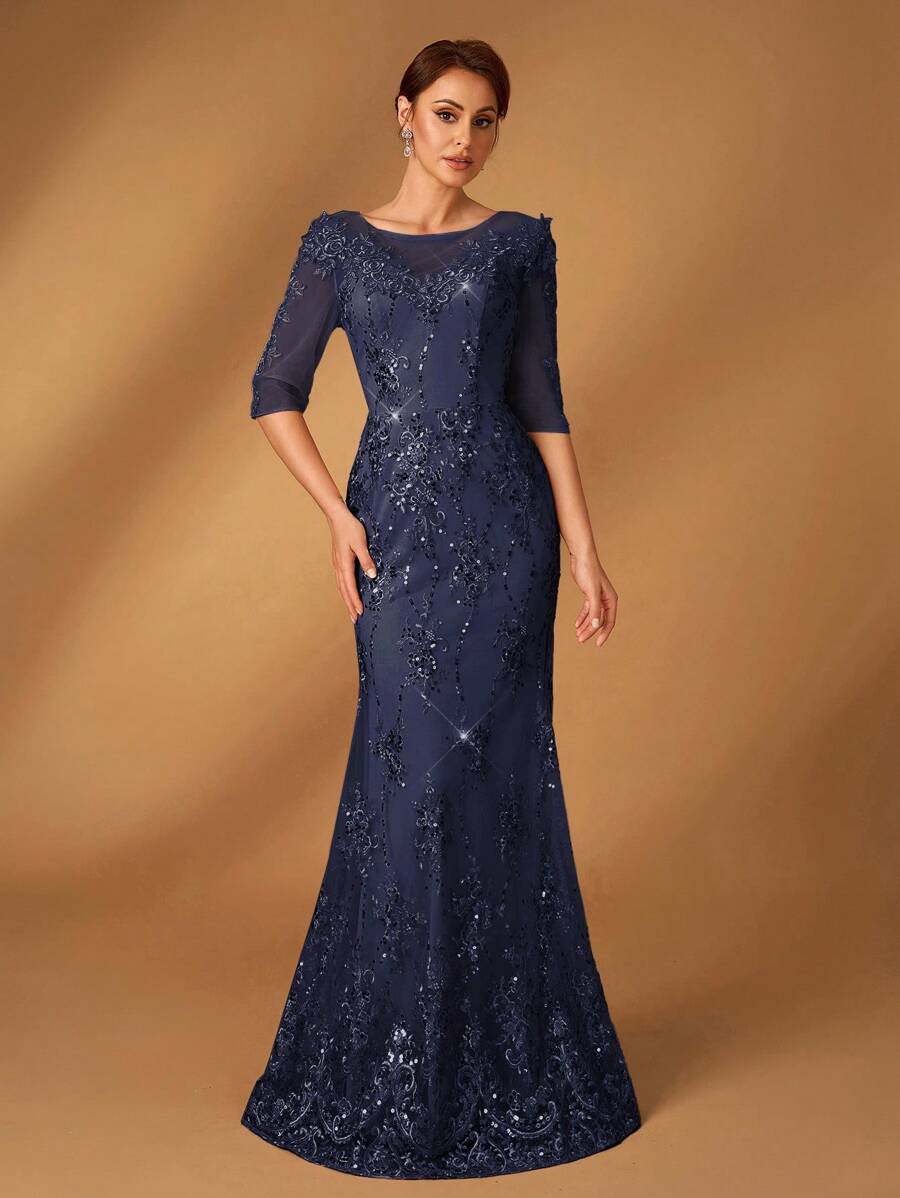 Serin Váy đuôi cá tay vừa vặn thêu lưới sequin thanh lịch, phù hợp cho dạ hội, tiệc độc thân, hẹn hò, kỳ nghỉ, đám cưới, váy mẹ cô dâu - Màu xanh hải quân - Xem 1