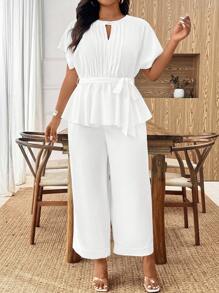 EMERY ROSE 大码女式纯色圆领无袖背心和阔腿裤套装，时尚夏季两件套服装 - 白色 - 查看 4