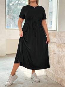 SHEIN Essnce Plus Size Women's New Summer Fashion Casual Solid Color Waist Strap A Hem (With Pockets) Long Short-Sleeved Dress - Black - View 3