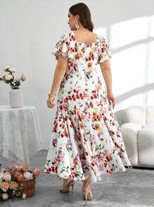 Modelyn Plus Size Long Spring/Summer Rhinestone Ruffle Hem Romantic Floral Print A-Line Elegant Maxi Dress - Multicolor - View 2