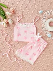 2 piezas Conjunto de pijama de camiseta y pantalones cortos con aplicación de encaje de mariposa para chicas adolescentes, elegante y cómodo, color rosa - Rosa - Ver 6