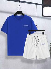 Manfinity Homme Men's Casual Slogan Print Drop Shoulder Loose Short Sleeve T-Shirt And Drawstring Waist Shorts Set, Summer Men Shorts Outfits - Multicolor - View 2