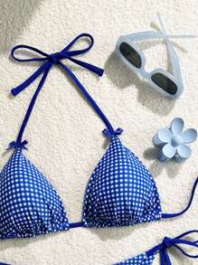 SHEIN Swim Curve 2pcs/Set Plus Size Women's Blue Plaid Print Spaghetti Strap Halter Bikini Set For Summer Beach Holiday