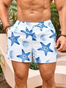 Manfinity VDAYZ Shorts casuales de playa con estampado de estrellas de mar para hombres, hawaianos