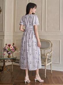 DAZY 1 件女士花卉印花褶皱泡泡袖中长连衣裙 - 粉色 - 查看 2