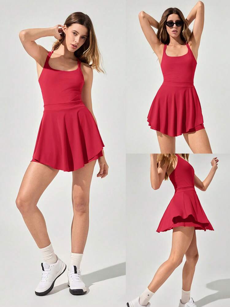 Quick-Dry Dress To Impress Peekaboo Double Layer Scoop-Neck Double Shoulder Straps Active Dress With Built-In Shorts Side Pockets Non-Slip Grips Low Impact Tennis Golf Pickleball Daily Wear