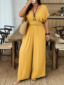SHEIN Clasi Plus Size Leisure Solid Color Batwing Sleeve Jumpsuit - Yellow - View 5