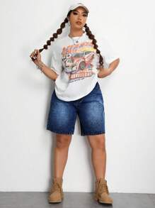 SHEIN ICON Pantaloncini di jeans larghi e morbidi di colore tinta unita, taglie comode, per outfit estivi da donna, adatti per festival, Bermuda casual - Blu lavato scuro - Visualizzare 3