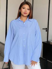 Dazy Plus 加大码翻领条纹蓝色长袖衬衫，秋季返校服装