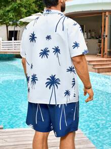 Manfinity Plus Size Men Palm Tree Print Shirt And Shorts Beach Suit, Hawaiian - Navy Blue - View 2