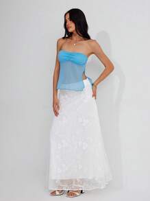 Roylia 女士优雅短款上衣，采用透明网眼亮片侧开衩设计 - 藍色 - 查看 3