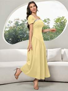 Modelyn Women's Elegant Party Square Neck Rhinestone Waist Dress - Yellow - View 5