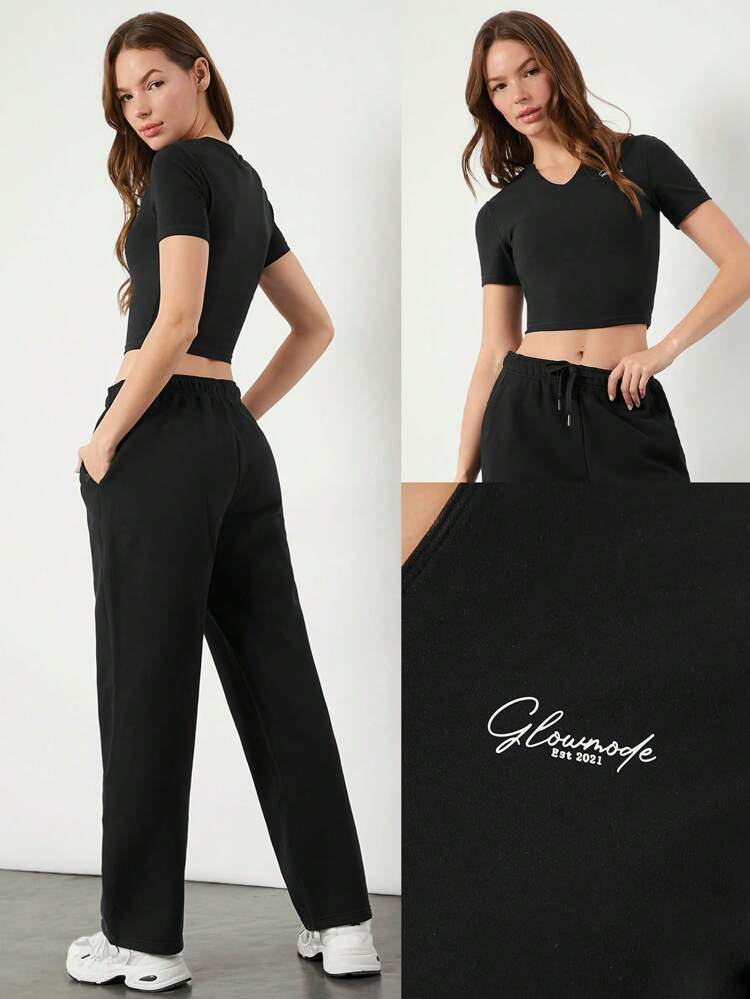 FeatherFit™ All Day Confidence Slim Fit V-Neck Logo Cropped Baby Tee Low Impact Yoga Pilates Studio Daily Casual Wear