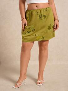 Elaquor Plus Size Elegant Sequin Floral Embroidered A-Line Skirt, Summer - Green - View 3