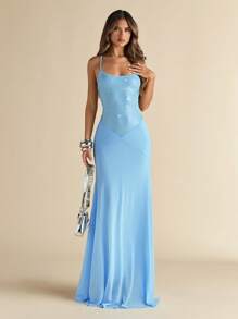 SHEIN BAE Váy dài thanh lịch đính sequin lấp lánh màu xanh lam cho kỳ nghỉ bên bờ biển/Váy mùa hè cho nữ//Trang phục đi nghỉ cho nữ/Trang phục đi biển cho nữ/Váy đi biển - Màu xanh lam - Xem 4