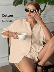 SHEIN Frenchy Trang phục hai mảnh dành cho phụ nữ mặc hàng ngày - Màu be - Xem 1