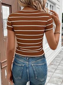 Easowa Athleisure 运动跑步骑行慢跑篮球运动服，女式圆领腰部褶皱黑白条纹休闲舒适修身 T 恤 - 咖啡棕 - 查看 8