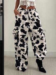 Coolane 女士夏季音乐节街头服饰 Y2K Ports 服饰 西部服饰 波西米亚海滩牛仔印花松紧腰带宽松工装裤 - 棕色 - 查看 3