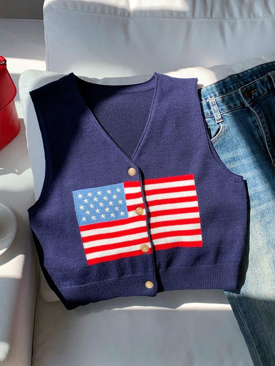Comfortcana Áo len chui đầu cổ chữ V họa tiết cờ Mỹ cài nút phía trước - Màu xanh hải quân - Xem 1