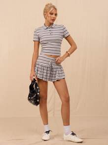 SHEIN Forever 21 Women Striped Polo Collar Short Sleeve Cropped Casual T-Shirt