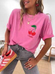 SHEIN LUNE Plus Size Round Neck Short Sleeve Cherry And Letter Graphic T-Shirt, Fashionable For Summer - Hot Pink - View 3