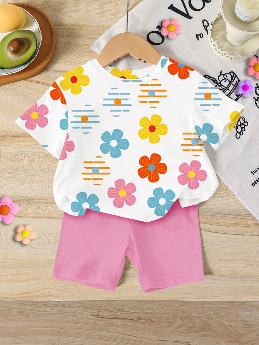 SHEIN Baby Girls 2 Pieces Set - Striped & Floral Print Round Neck Short Sleeve T-Shirt And Pink Knit Legging Shorts, Cute Summer Outfit For Baby Girls Baby Clothes Set - Multicolor - View 1