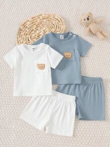 SHEIN 4 件套新生婴儿男女通用泰迪熊刺绣肖像短袖 T 恤和短裤，2 套白色和蓝色，柔软有弹性的罗纹针织面料，0-3 个月，可爱休闲装，春夏季，适合居家、外出、度假、拍照
