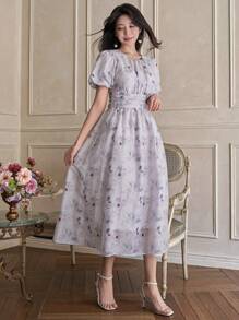 DAZY 1 件女士花卉印花褶皱泡泡袖中长连衣裙 - 粉色 - 查看 3