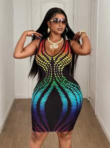 Maweii 大码女式几何印花无袖紧身休闲迷你连衣裙