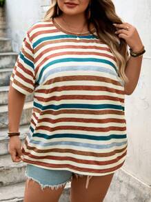 SHEIN CURVE+ 大码度假撞色条纹休闲夏季短袖T恤 - 彩色 - 查看 4