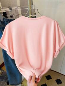 Flirla Plus Size Women French Style Regular Casual Outing Summer 3D Bow Short Sleeve Knitted T-Shirt - Pink - View 2