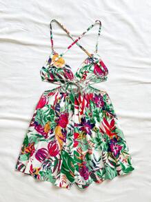 Soleia Women's Tropical Plant Print Spaghetti Strap Backless Tie Waist Rompers - Multicolor - View 2