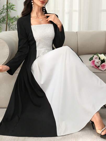 SHEIN Najma 女式撞色腰喇叭连衣裙，端庄大方