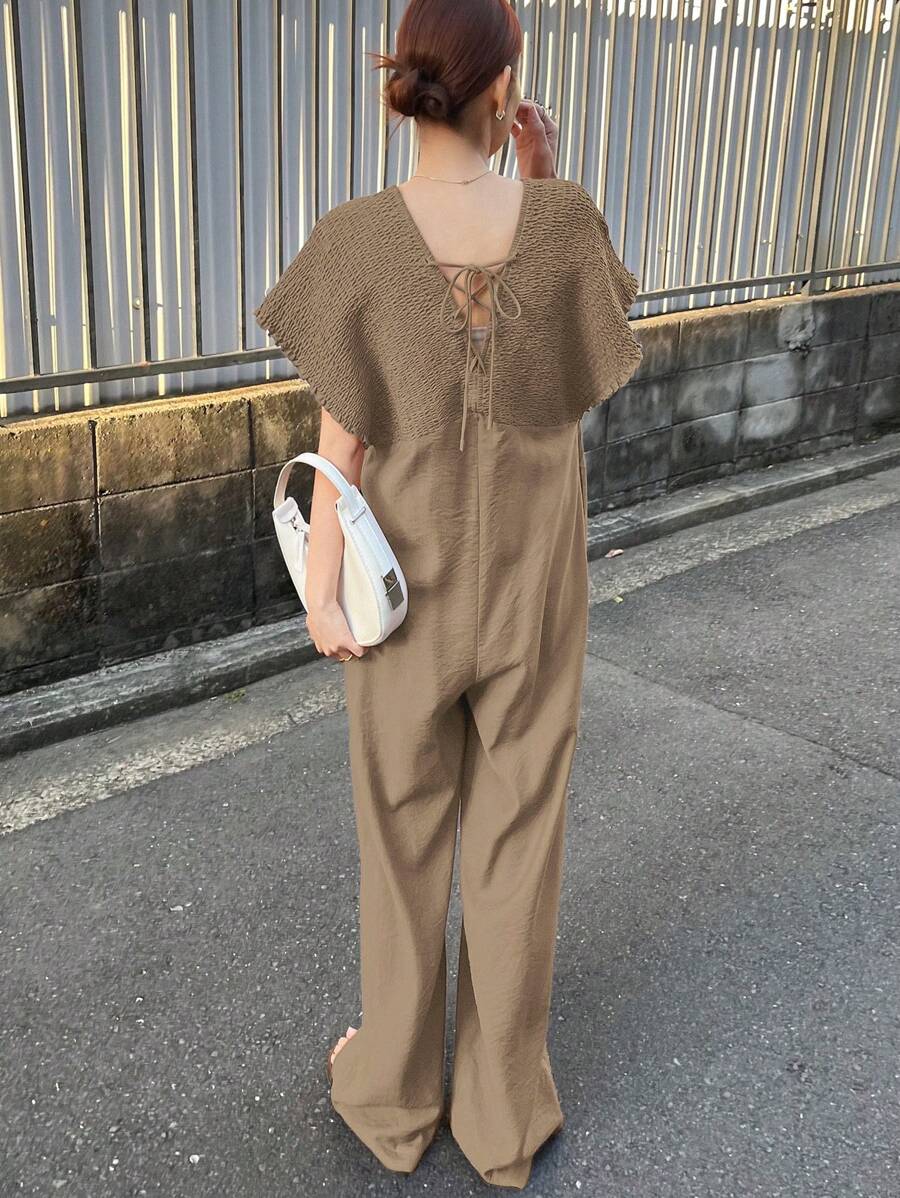 FRIFUL 女士橙色V领系腰连体裤，夏季女式连体裤家居服套装 - 卡其色 - 查看 1