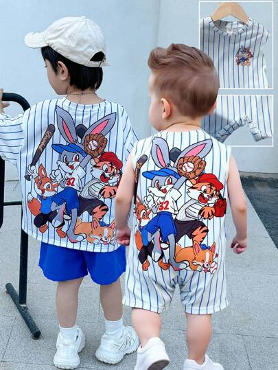 SHEIN Newborn Baby Boy Cute Cartoon Pattern Striped Short Sleeve Romper For Summer Baby Boy Cartoon Clothes
