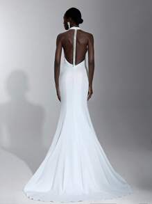 Elitara Elegant White Satin Shiny Elastic Minimalist Luxurious Halter Fishtail High Slit Backless Removable Rhinestone Chain Extra Long Trailing Dress, Suitable For Outdoor, Lawn, Beach, Wedding, Evening Party, Formal Occasion, Bride - White - View 4