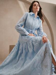 Anewsta 新款优雅纹理提花女式长袖连衣裙，春夏 - 藍色 - 查看 2