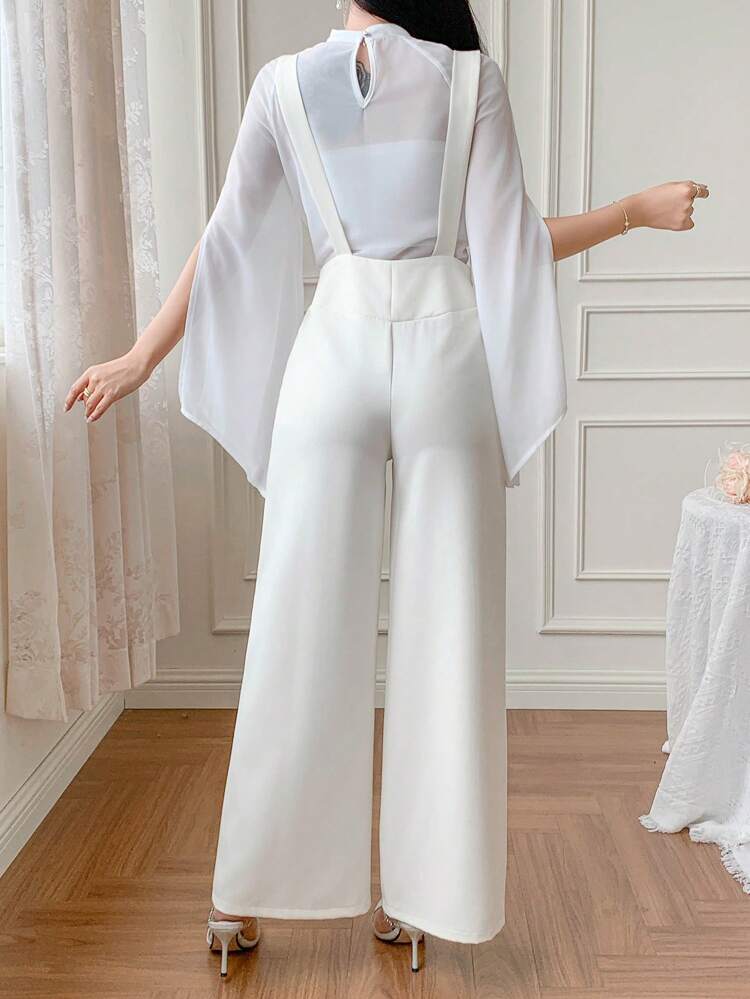 2pcs/Set Women Elegant Lace Ruffle Sleeve Shirt With Overall Pants, Spring/Summer,Fall Women Clothes