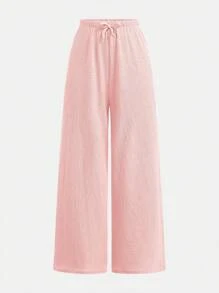 Girlism Teen Girl Light Pink Summer Casual Holiday 2-Piece Set Pleated Texture Cropped Halter Top And Wide Leg Pants,Apricot Solid Color Outfit For Outings - Pink - View 5