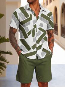 Manfinity Homme 2pcs Men's Plus Size Geometric Print Short Sleeve Shirt And Shorts Casual Set - Multicolor - View 1