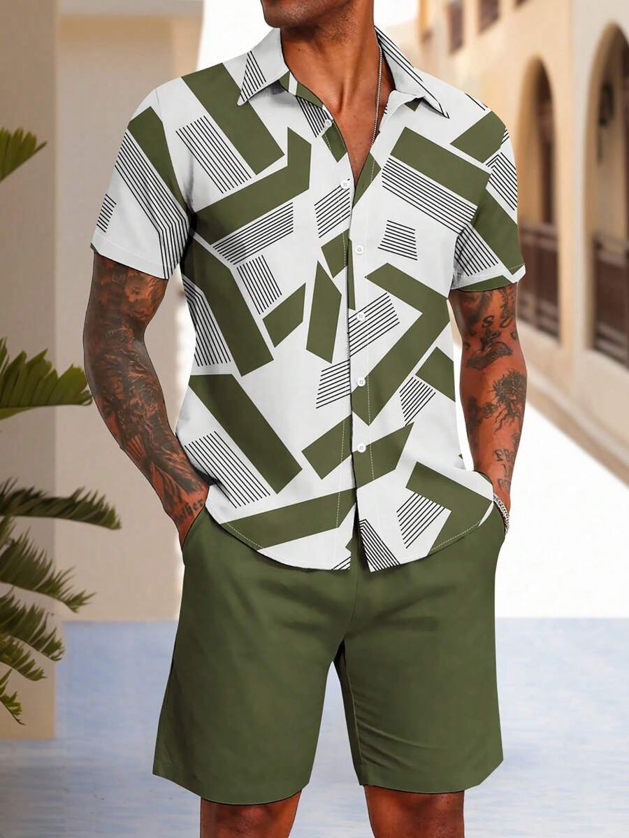 Manfinity Homme 2pcs Men's Plus Size Geometric Print Short Sleeve Shirt And Shorts Casual Set - Multicolor - View 1