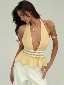 Aloruh Women's Sexy Deep V-Neck Ruffle Hem Halter Fashion Top, Summer Beach Vacation Boho Rave Festival Country Concert Ibiza Western Wear - Yellow - View 4