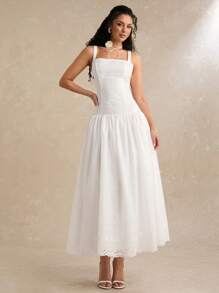 Enchnt 春夏浪漫女士优雅花卉刺绣荷叶边下摆吊带长裙，甜美优雅性感连衣裙，适合节日连衣裙、度假连衣裙、甜蜜约会、毕业季连衣裙、日常通勤、下午茶连衣裙、婚礼和花园派对，女士夏季服装，太阳裙，女士夏装，商务休闲女装 - 白色 - 查看 7