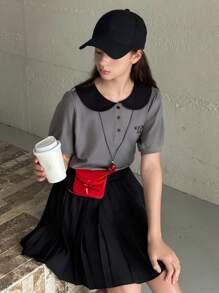 DAZY 2pcs/Set Teenage Girls Peter Pan Collar Embroidered Short Sleeve T-Shirt + Pleated Mini Skirt Summer Outfit,Back To School Clothes - Grey - View 7