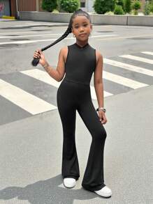 SHEIN Tween Girls Half Zip Sleeveless Jumpsuit Black Jumpsuit, Back To School Season,Mommy And Me Matching Outfits - Black - View 3