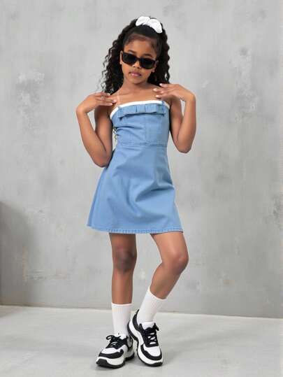 Tween Girls Y2K Stone Washed Snug Fit Skater Dress With Bow Detail, Cute Denim Overall Dress For Spring/Summer Vacation