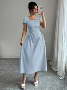 Elenzga 女装法式优雅通勤休闲度假下午茶纯色方领收腰修身休闲泡泡袖中长连衣裙，春夏 - 藍色 - 查看 3